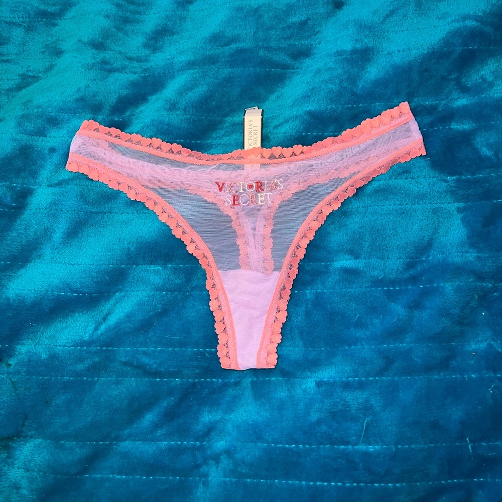 NWT VS Sheer Heart Lace Mesh Logo Thong